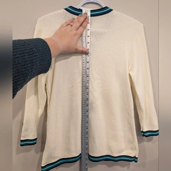 Talbots Beige Green Stripe Textured Tipped Cardigan Woman Small Pearl Button - Picture 7 of 9